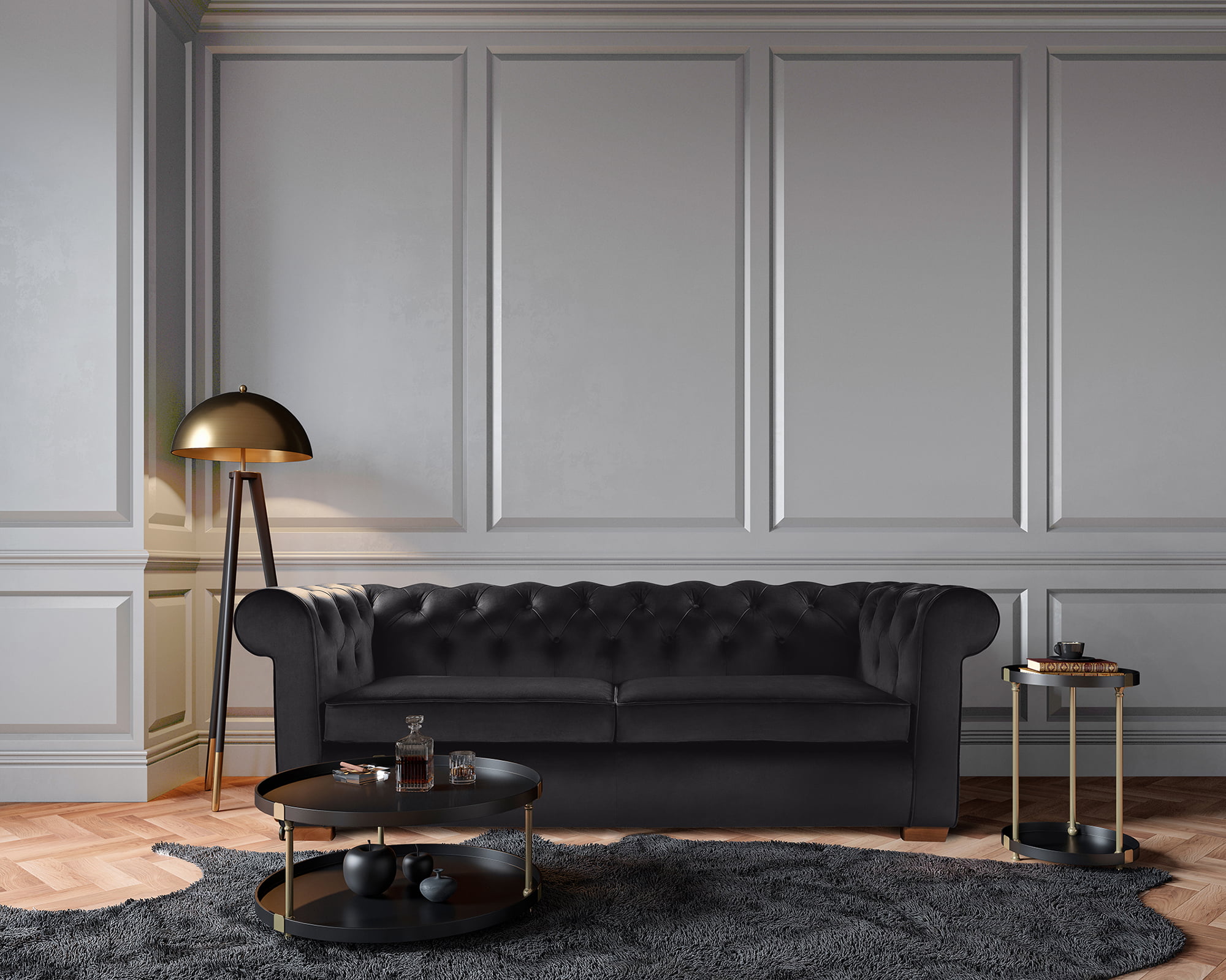 Modern,Classic,Black,Interior,With,Capitone,Brown,Leather,Chester,Sofa,