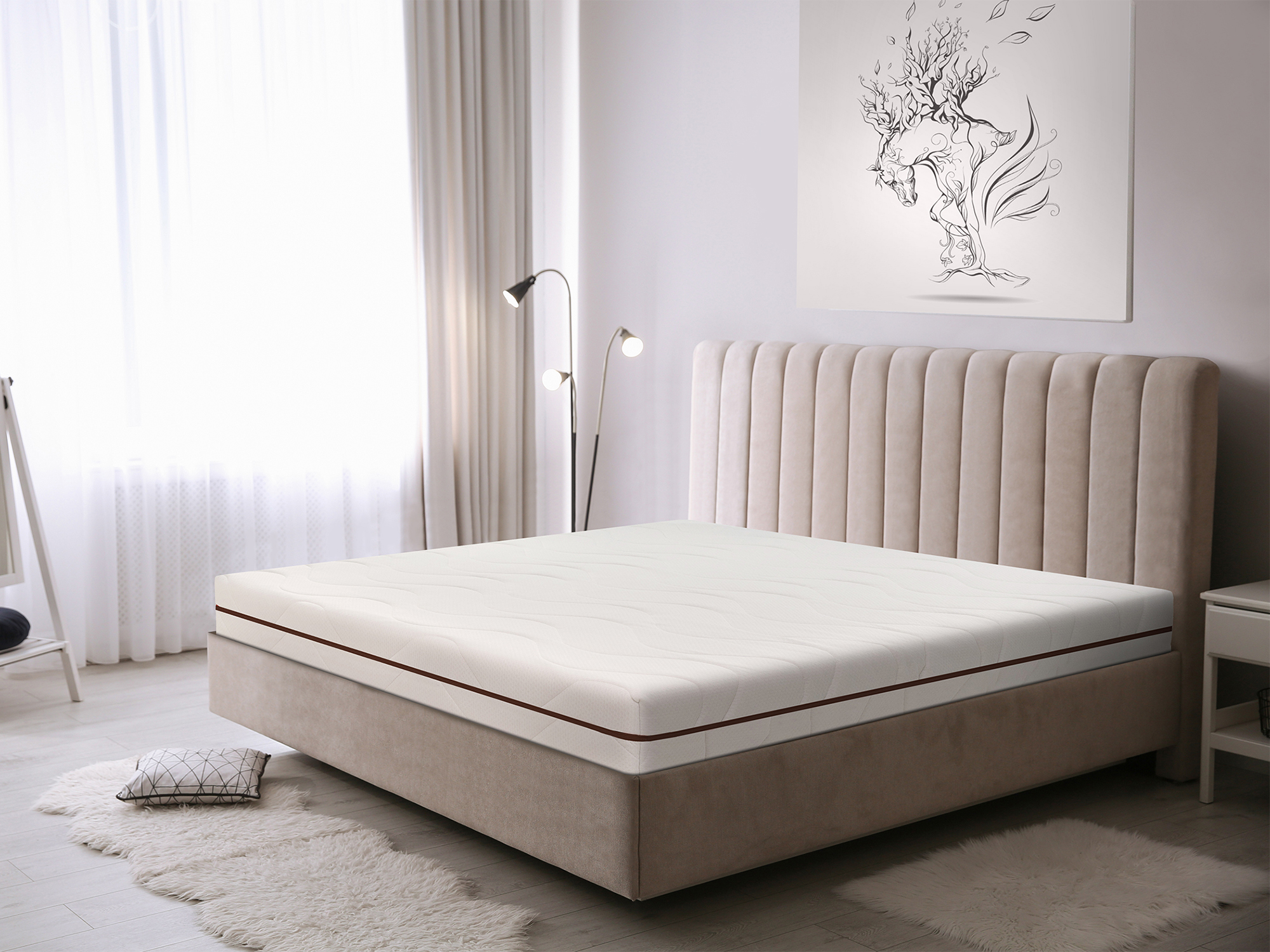 Cozy bedroom interior with beautiful picture and large mirror