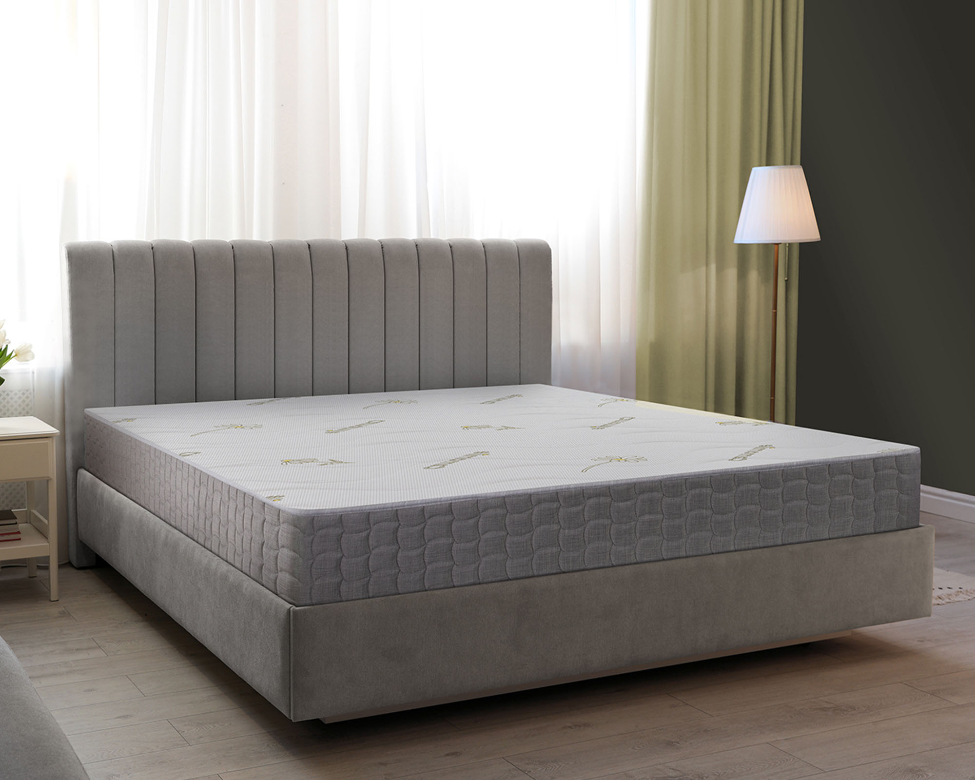 Beautiful room interior with large comfortable bed